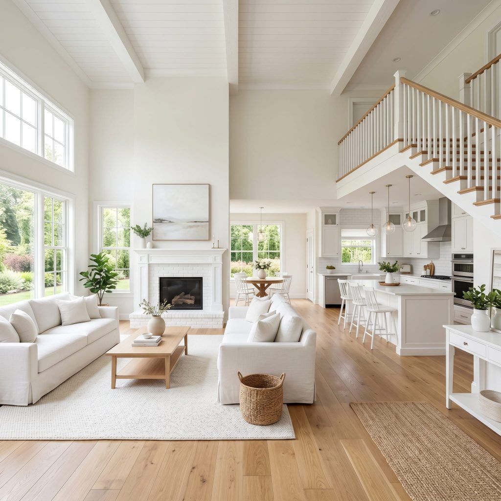 Bright, airy open-concept living room and kitchen with white walls, high vaulted ceilings, large windows, light wood floors, and minimal Scandinavian-style furniture.